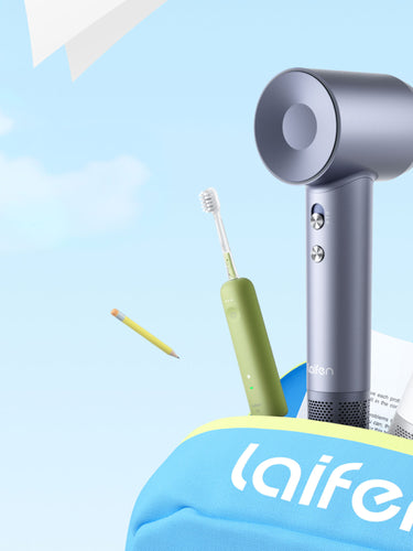 Laifen promotional banner with earbuds, stationery, and a backpack on a blue background.