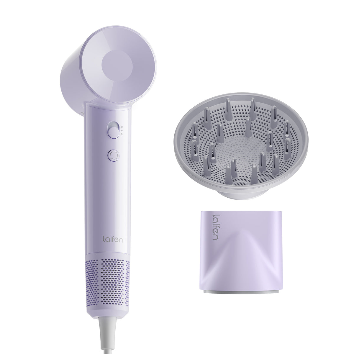 Laifen SE Lite hair dryer with a diffuser nozzle and a concentrator nozzle, color in purple